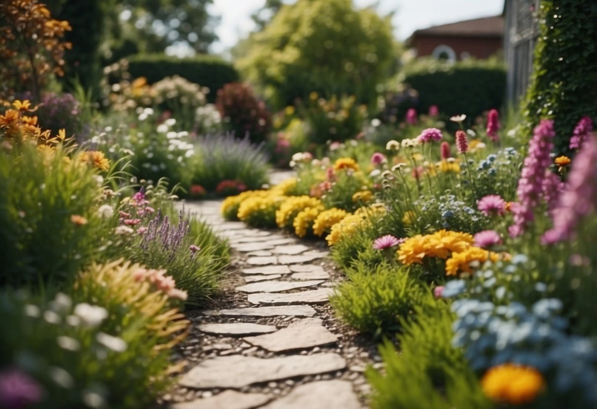 A colorful garden with winding paths, sensory plants, and interactive elements. Children explore and engage with textured surfaces, scented flowers, and rustling leaves