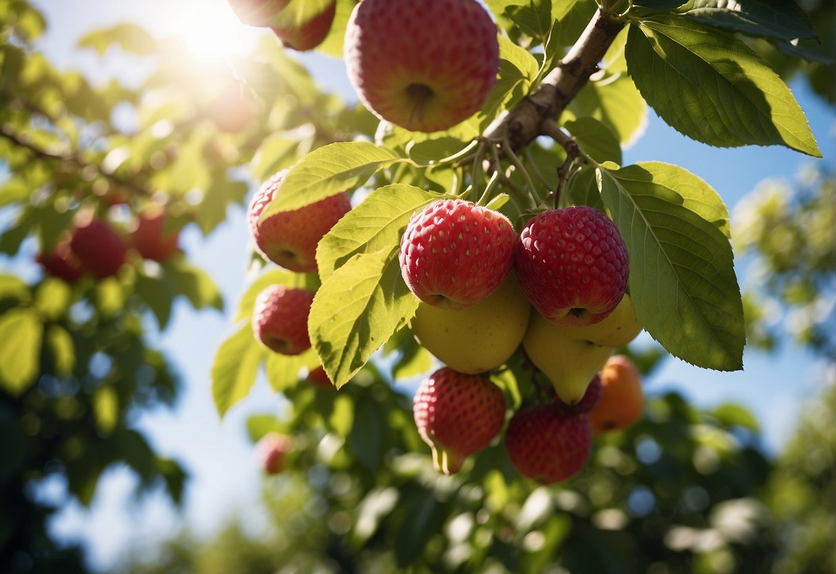 Lush fruit trees in a school garden, with colorful blossoms and ripe fruits. Surrounding greenery and a clear sky above