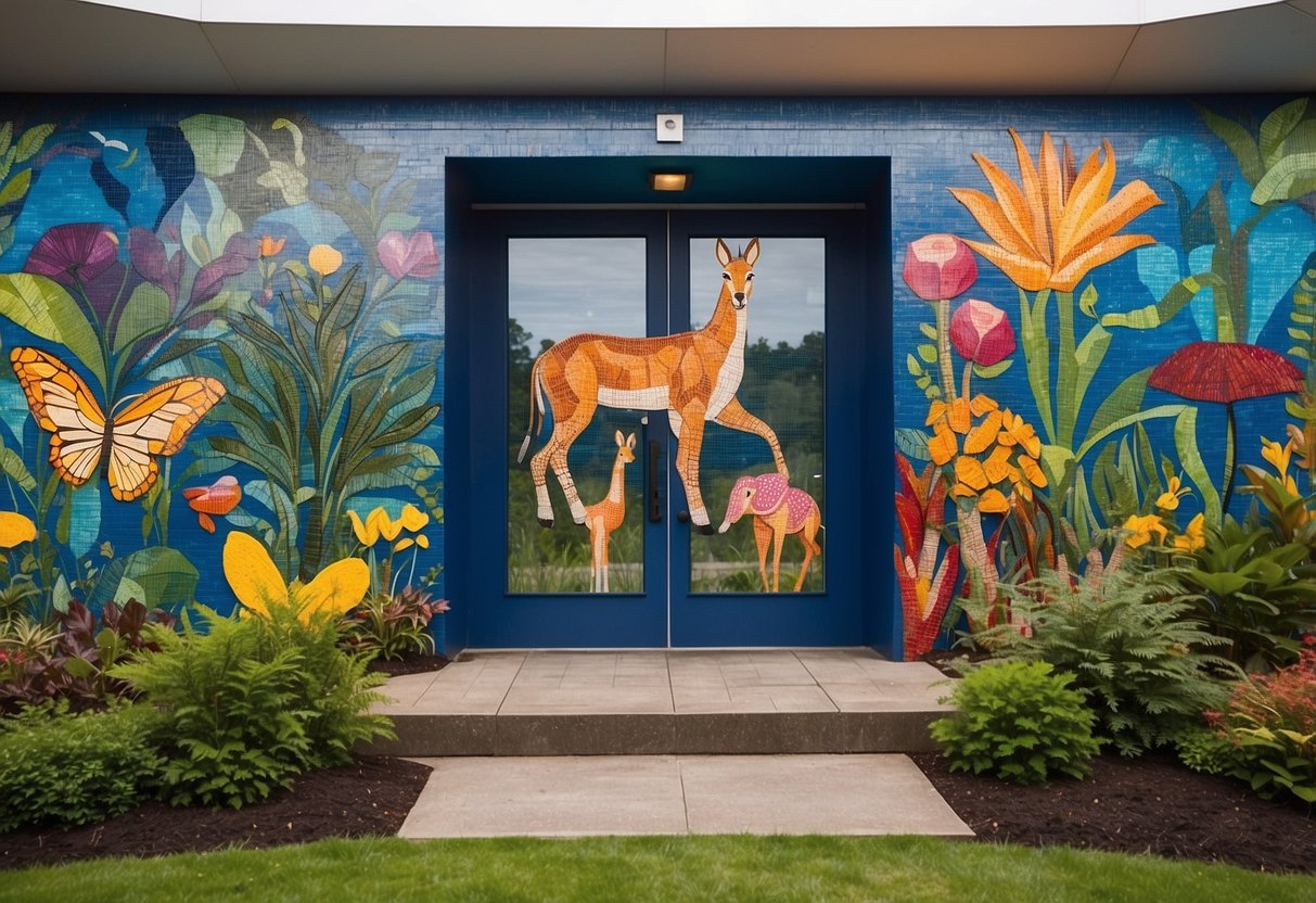 Colorful murals cover school walls. Sculptures of animals and plants dot the garden. A mosaic pathway leads to a vibrant outdoor classroom