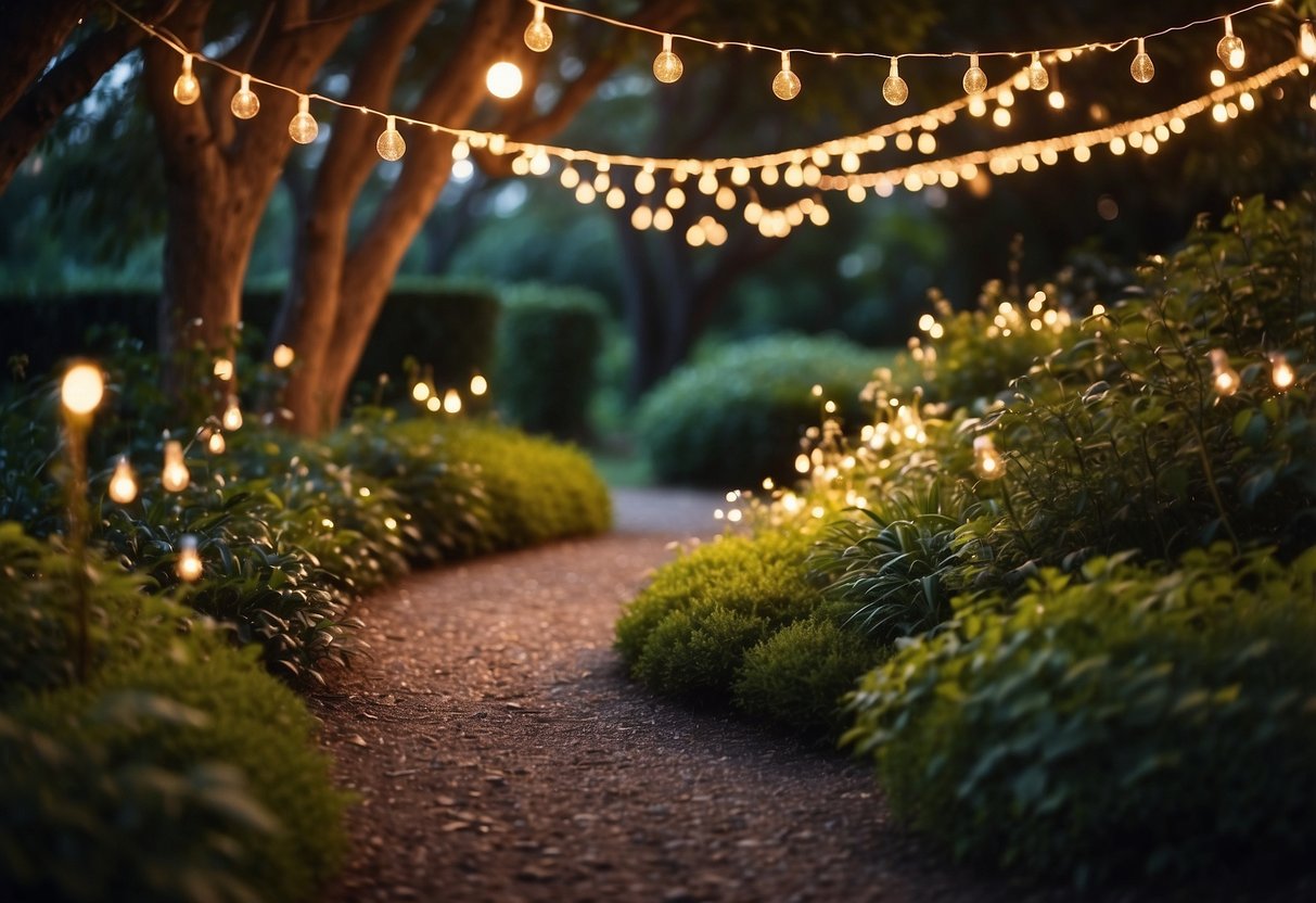 A winding path lined with fairy lights meanders through a lush garden, casting a warm and magical glow