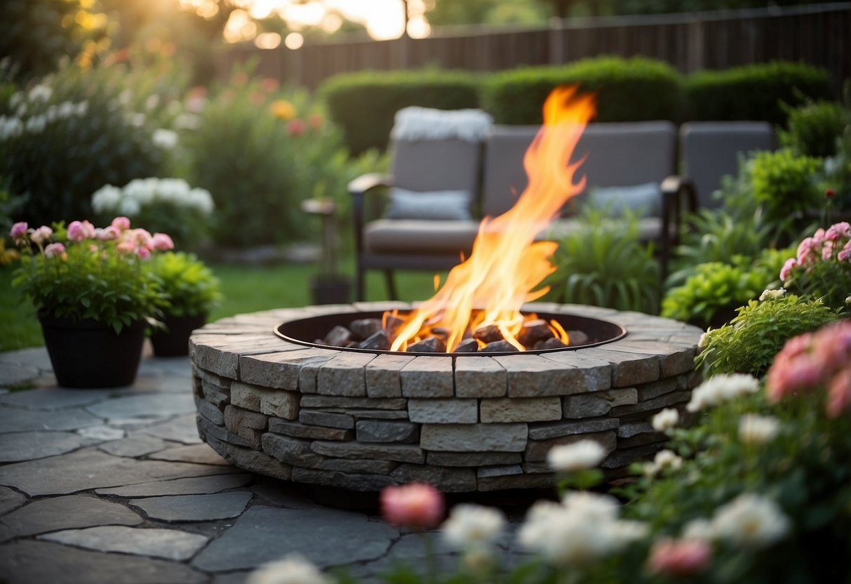 A stone fire pit sits at the back of a garden, surrounded by lush greenery and colorful flowers, creating a cozy and inviting outdoor space