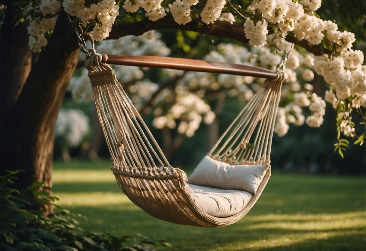 A hammock swings between two tall trees in a lush garden, surrounded by blooming flowers and greenery