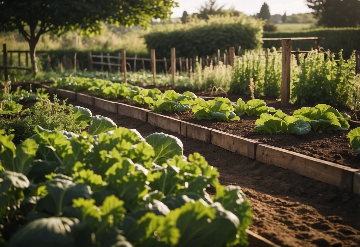 A lush vegetable plot nestled in the back of a garden, with rows of vibrant crops and a rustic wooden fence bordering the perimeter