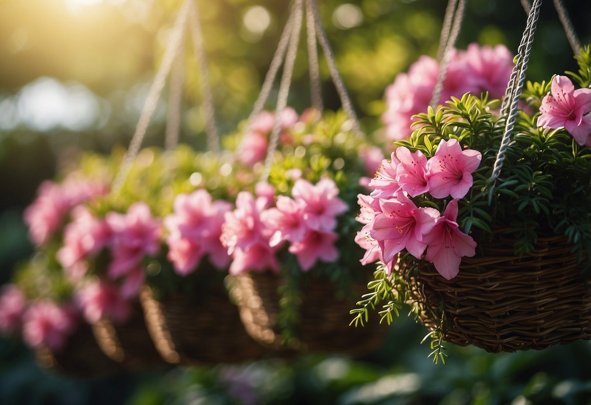 Lush azalea plants cascade from hanging baskets in a garden setting