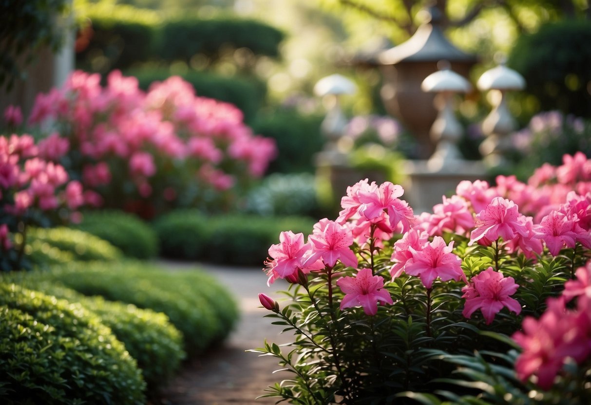 Vibrant azaleas bloom in a lush garden, accented with whimsical garden art and sculptures creating a picturesque scene