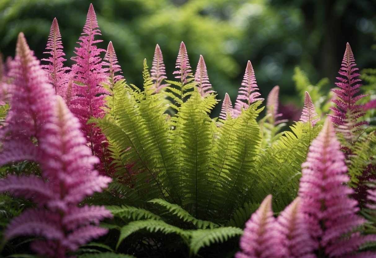 Lush green ferns and vibrant azaleas create a colorful and serene garden scene