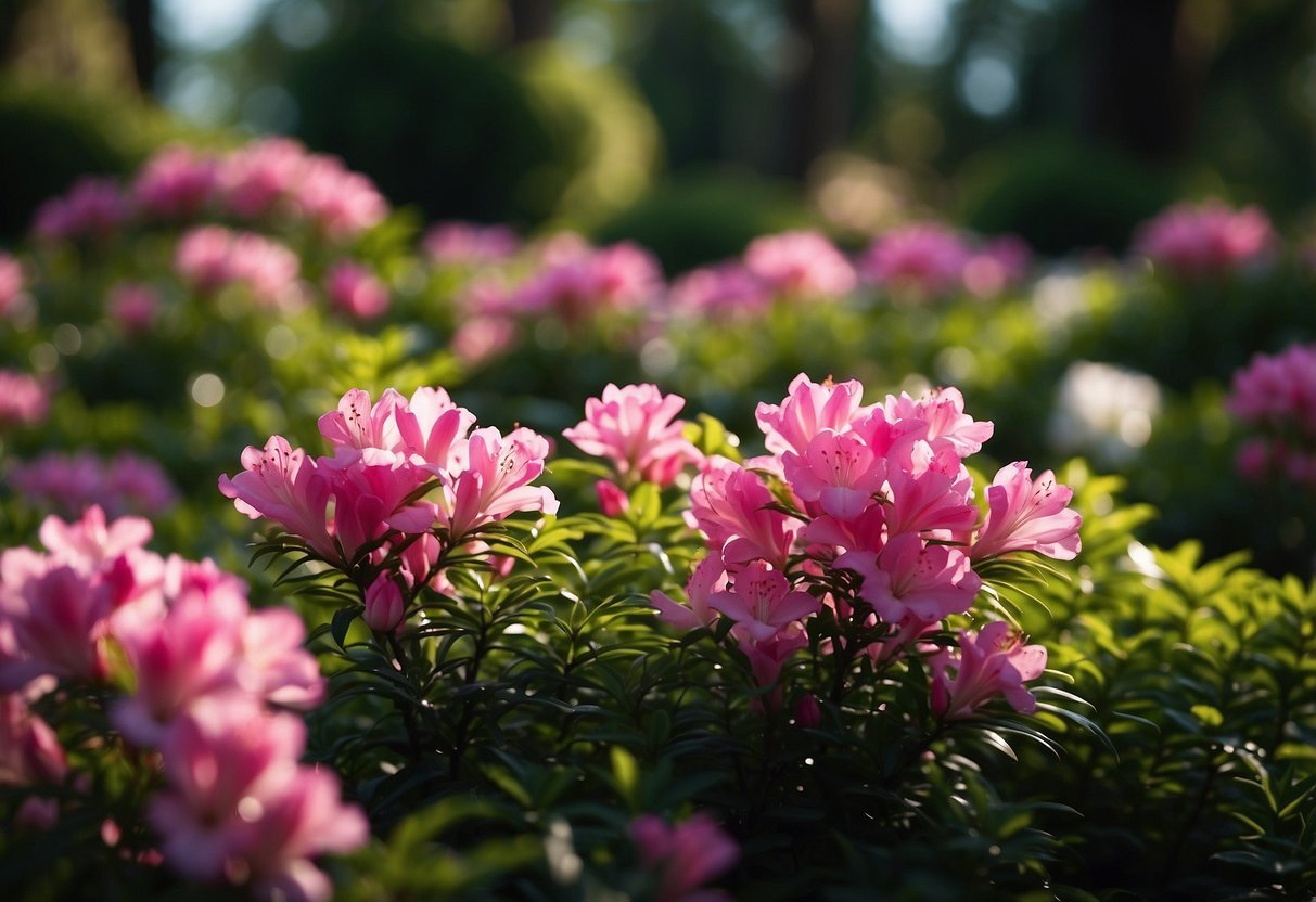 Vibrant azalea bushes mix with glowing bulbs in a lush garden setting