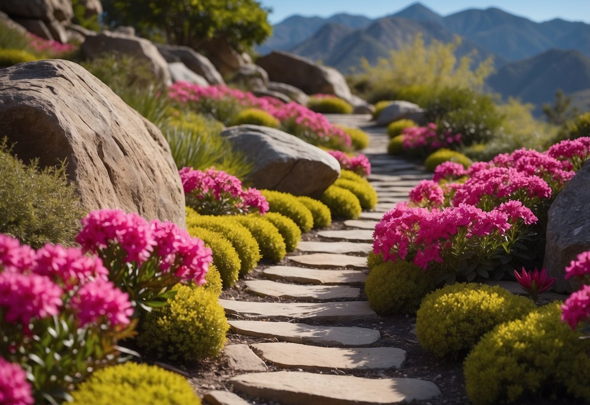 A winding path through a rock garden, with vibrant azaleas in full bloom, creating a burst of color against the rugged landscape