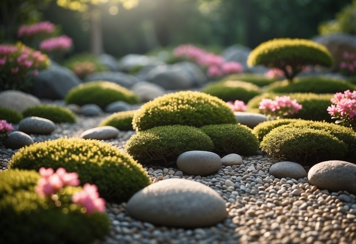 A serene Zen garden with meticulously pruned azalea bushes, arranged in a harmonious and balanced design, surrounded by carefully raked gravel and a tranquil pond