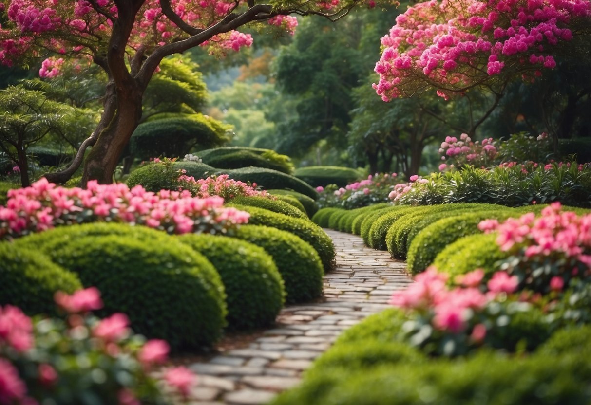 A winding stone pathway leads through a vibrant azalea garden, with colorful blooms and lush greenery on either side