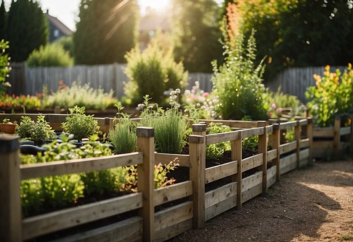 Two-tiered raised herb beds with various plants, surrounded by a neatly trimmed garden path and bordered by a picket fence