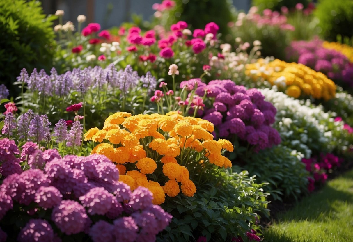 Vibrant flowers cascade down two-tiered garden displays, creating a stunning terraced arrangement