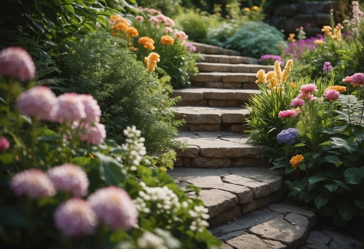 A stone staircase winds through a lush garden, leading to two tiers of vibrant flowers and greenery