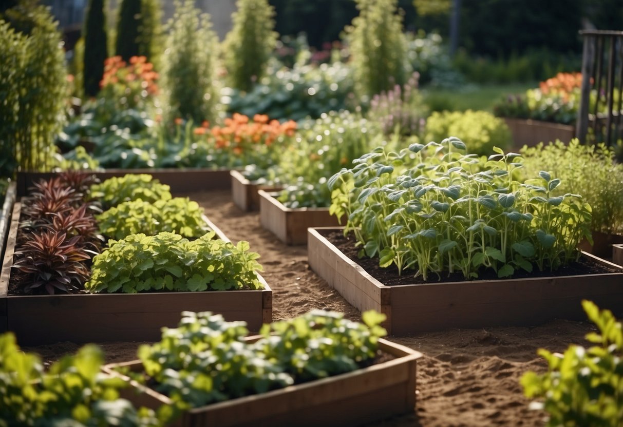 A garden with two-tiered vegetable plots, featuring a variety of plants and herbs arranged in a multi-level design