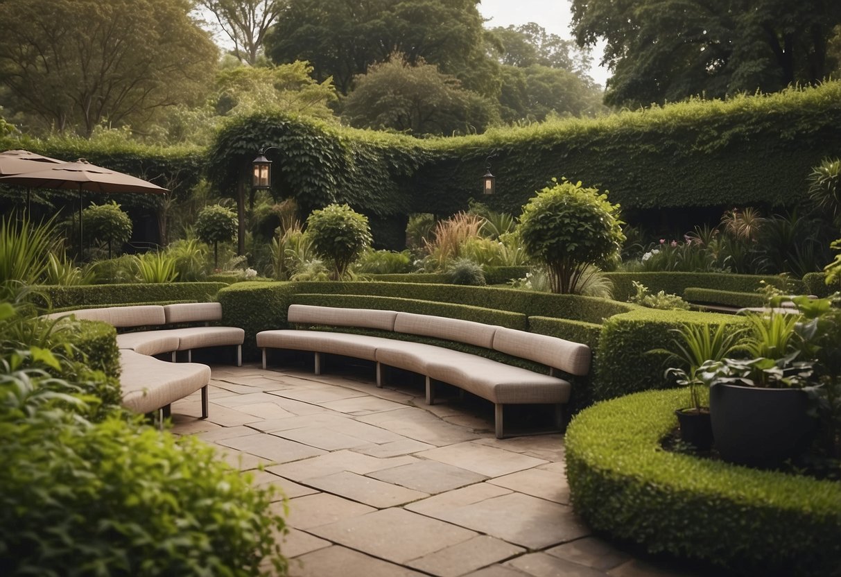 Multiple staggered seating areas in a lush garden, with two tiers of landscaping and greenery