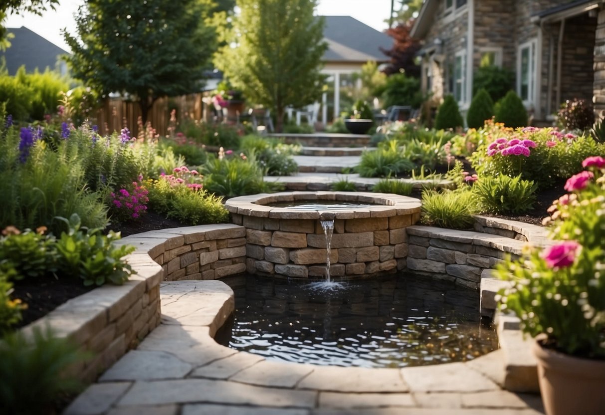 A stone pathway leads to a two-tiered patio space, with lush greenery and colorful flowers in raised garden beds. A small fountain adds a tranquil touch to the serene outdoor setting