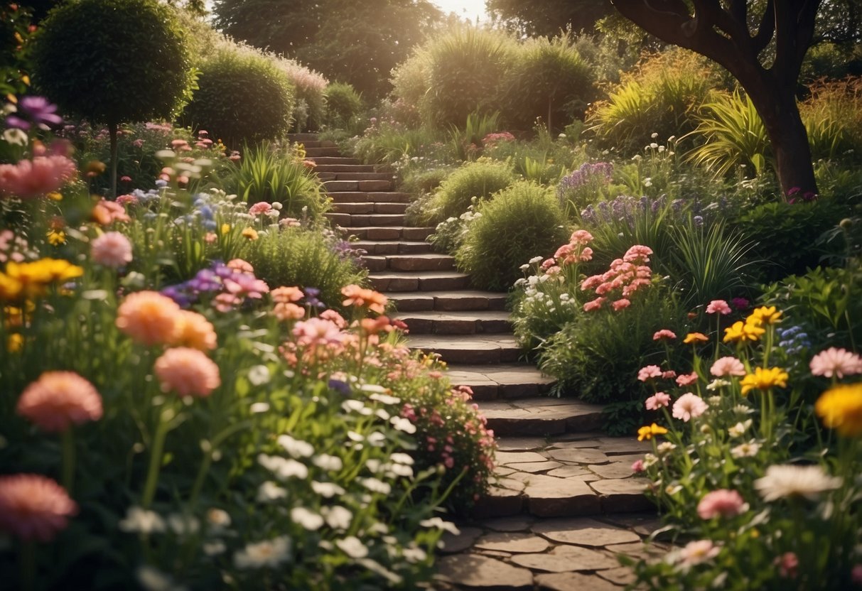 A two-tier garden with flowers cascading from the upper level to the lower, creating a beautiful and dynamic landscape