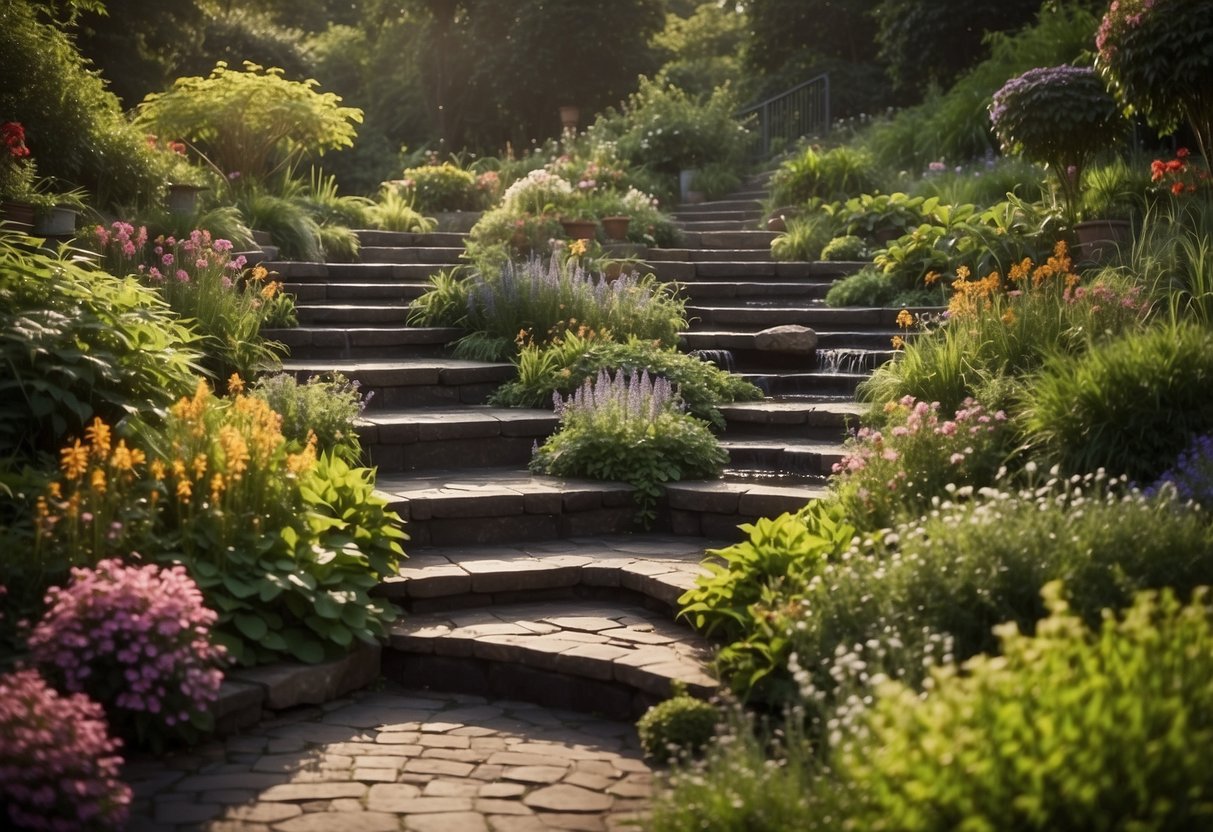 A lush, terraced garden with cascading flowers and foliage. The top tier features a cozy seating area, while the lower tier boasts a tranquil water feature