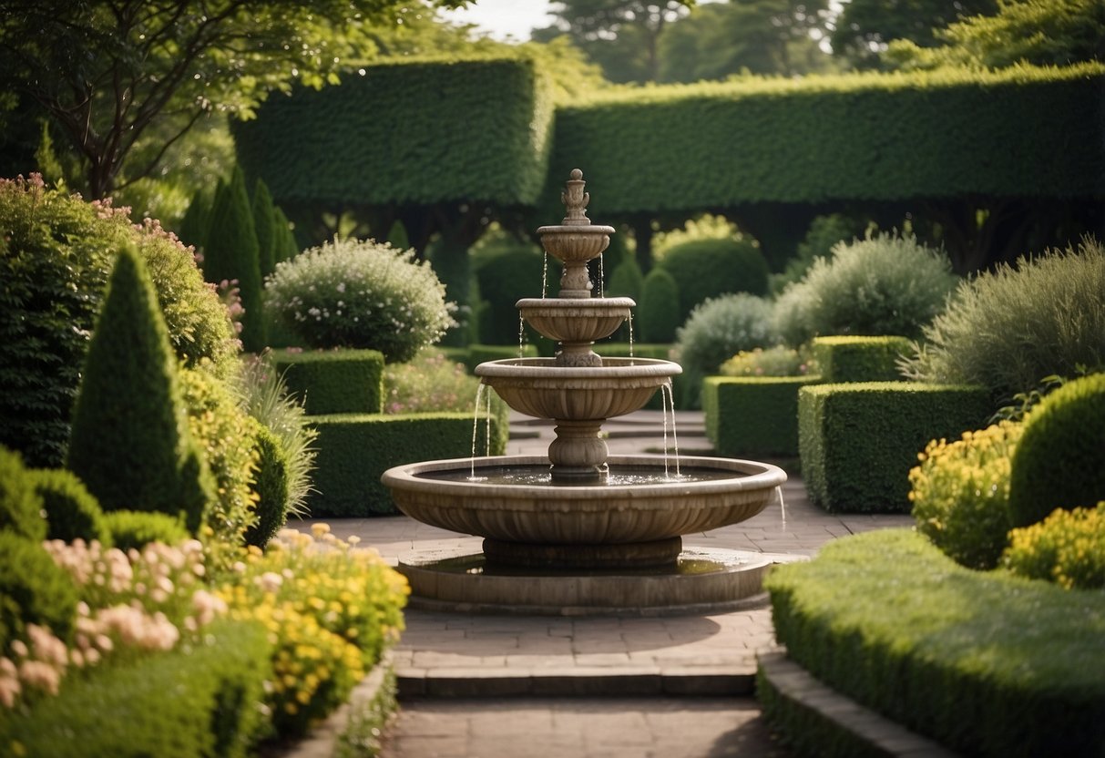 A lush two-tier garden with cascading flowers and neatly trimmed hedges. A small fountain adds a tranquil touch to the serene setting