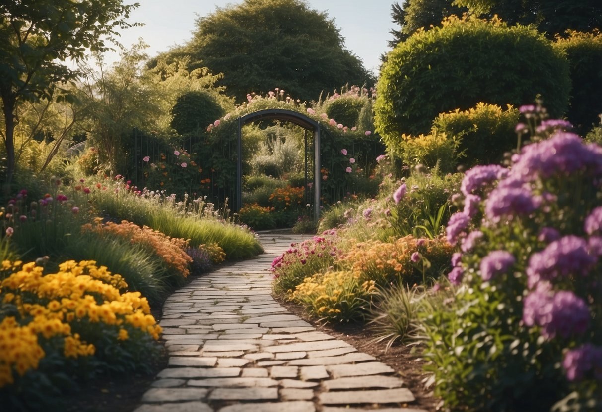 A winding path lined with vibrant, blooming plants leads to a modern garden entrance. The colors of the flowers and foliage create a striking and inviting scene