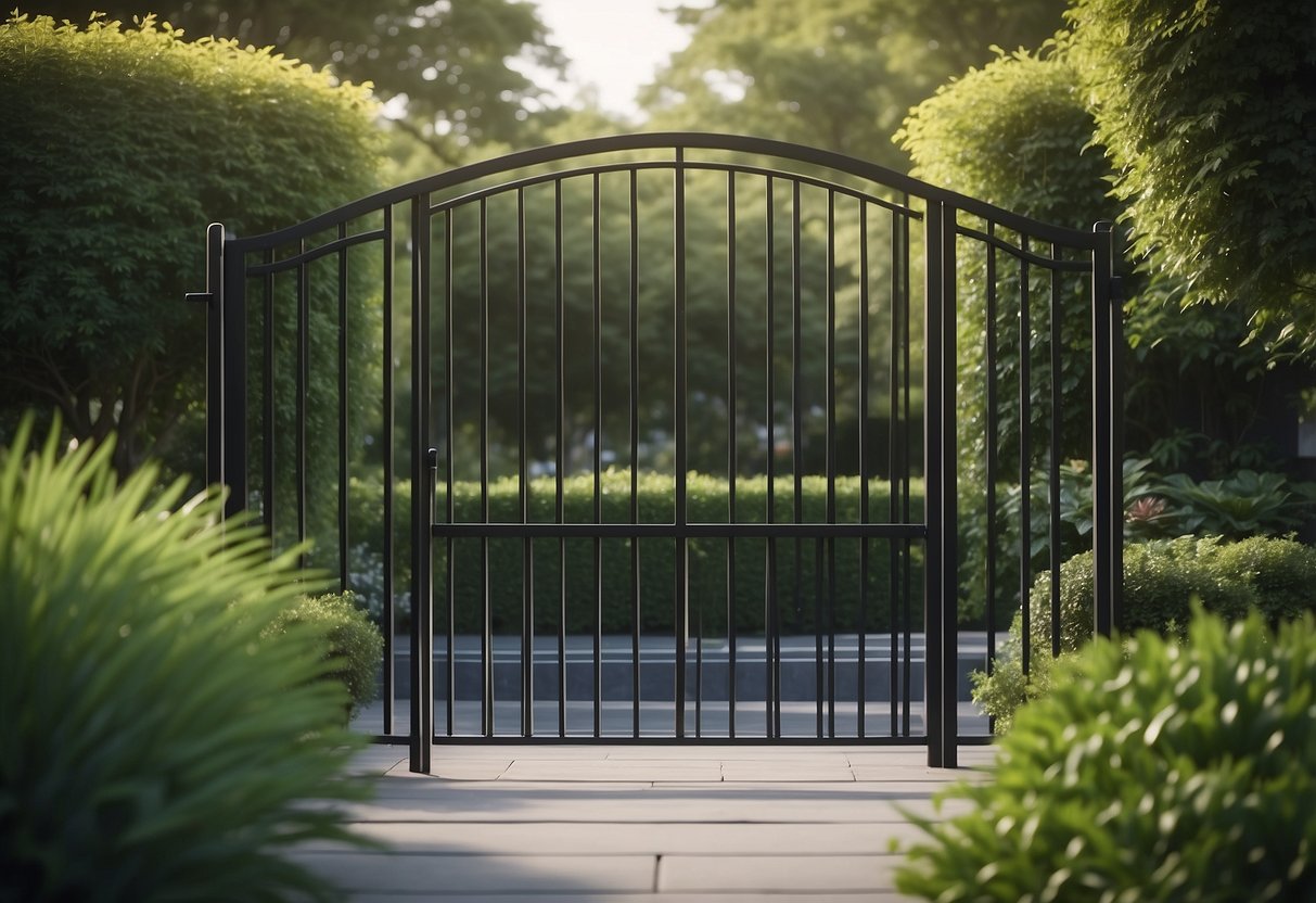 A sleek metal gate stands against a backdrop of lush greenery, leading into a modern garden with clean lines and minimalistic design