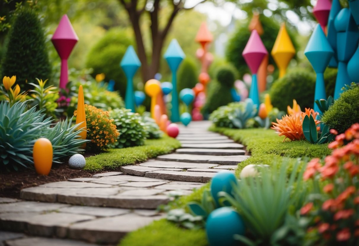 Colorful, abstract sculptures dot a lush garden path, leading to a modern entrance. Whimsical shapes and playful designs create a vibrant and welcoming atmosphere