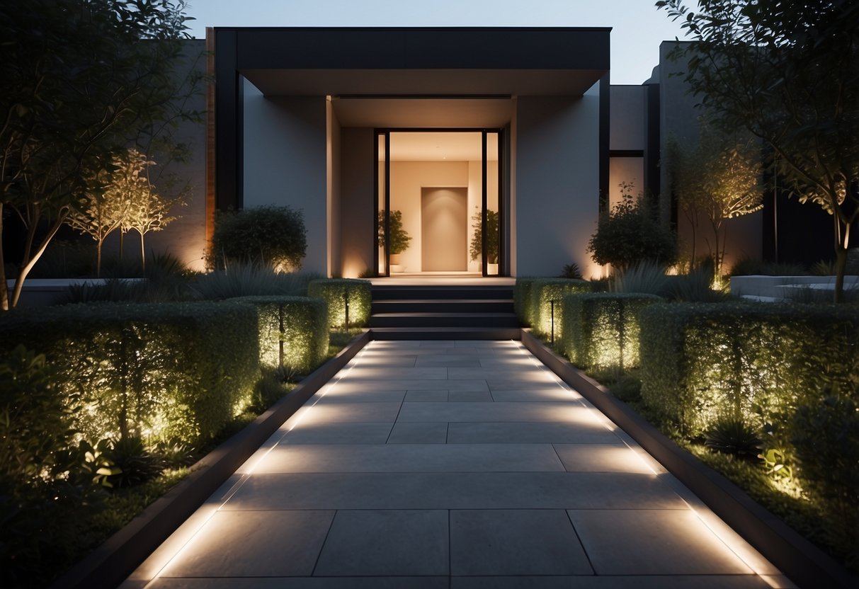 A sleek pathway lined with LED lights leads to a contemporary garden entrance. The entrance features minimalist fixtures and illuminated planters, creating a sophisticated and inviting atmosphere