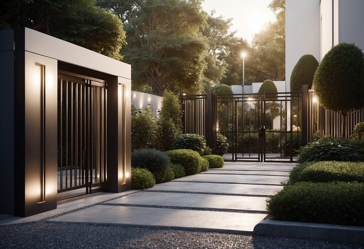 A modern garden entrance with sleek metal gates, geometric planters, and minimalist lighting