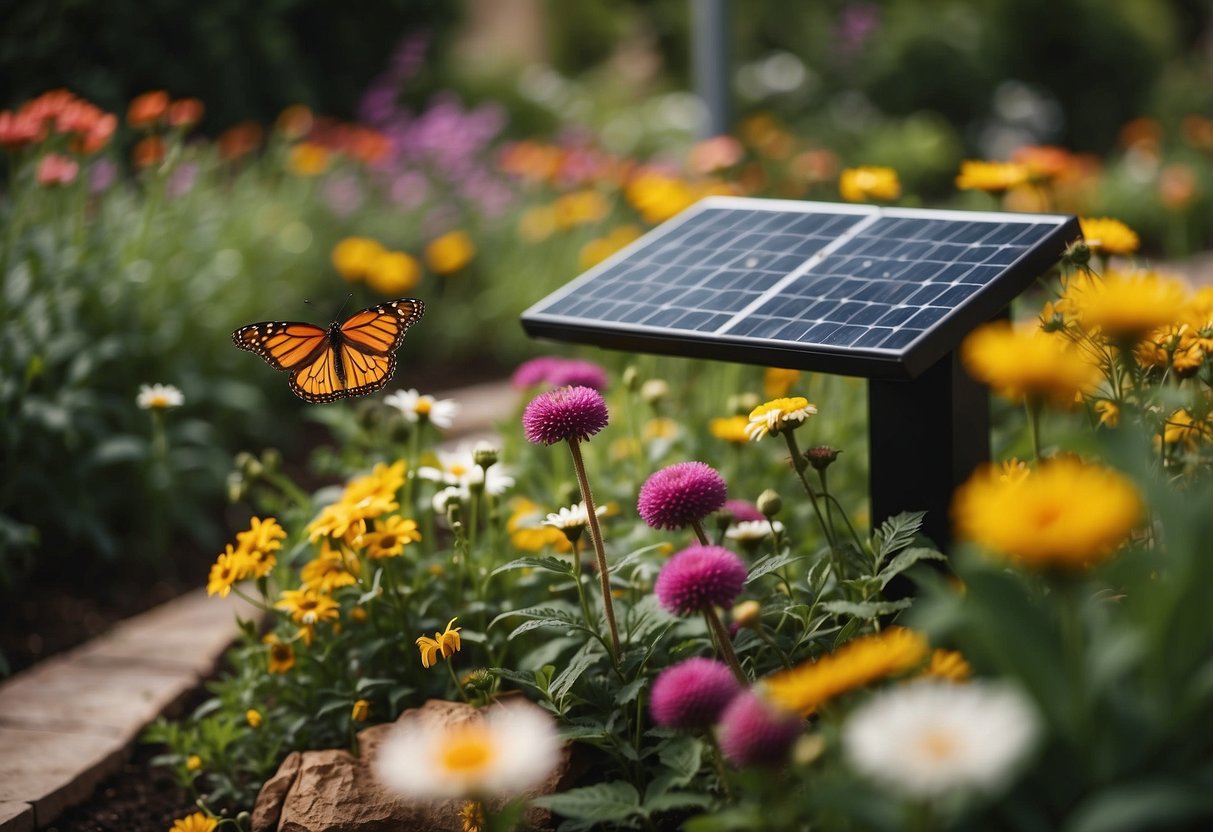 A lush garden with compost bins, rain barrels, and native plants. Bees and butterflies flit among the flowers. A solar panel powers a small water feature