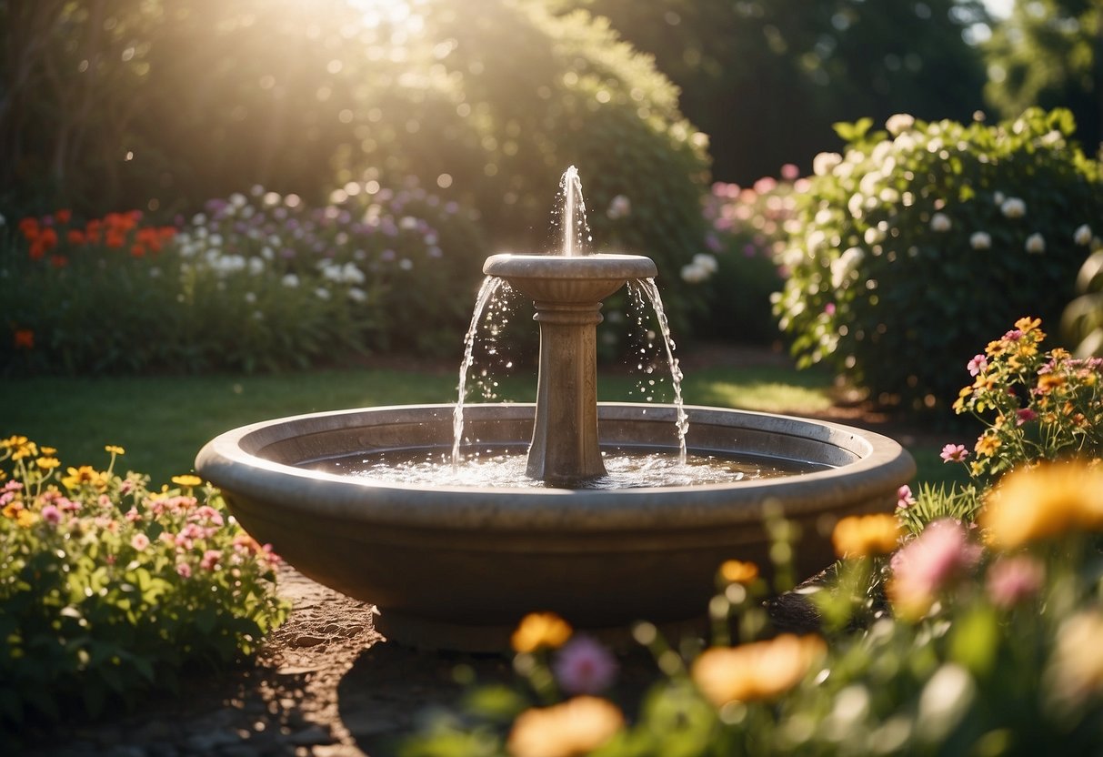 A sunlit garden with a solar-powered water fountain surrounded by blooming flowers and lush greenery