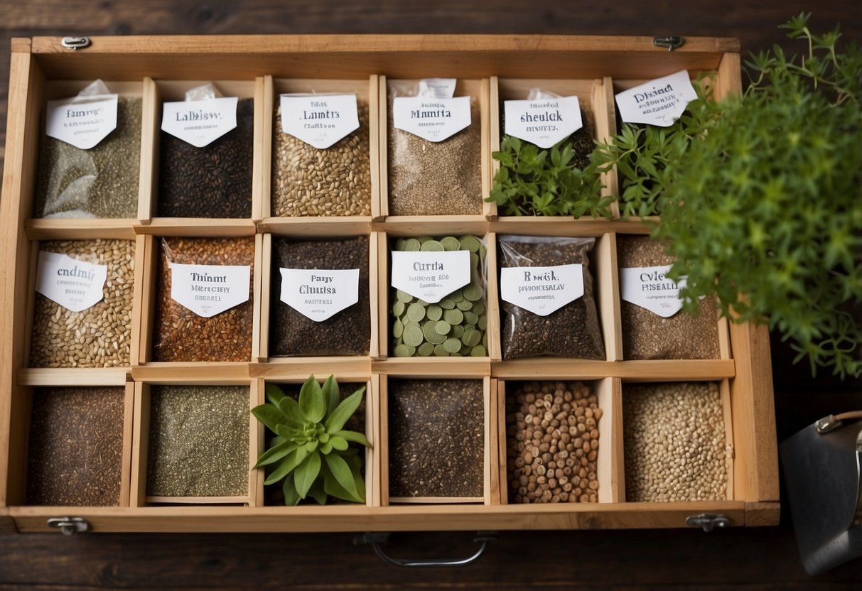 A variety of herb seeds in labeled packets arranged neatly in a wooden box, surrounded by gardening tools and a watering can