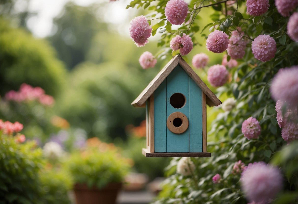 A colorful birdhouse sits in a lush garden, surrounded by blooming flowers and chirping birds