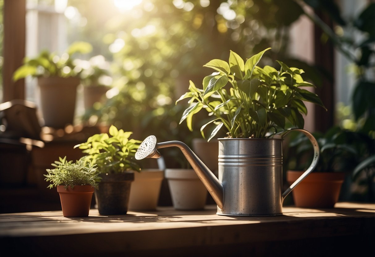 A vintage watering can sits on a rustic wooden table surrounded by potted plants and gardening tools, with a soft sunlight filtering through the leaves