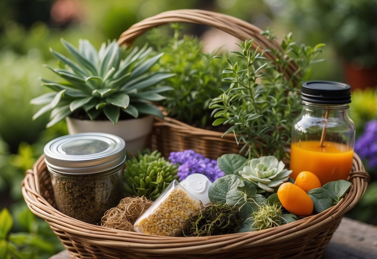 A garden scene with local plants and products arranged in gift baskets and displays. Vibrant colors and natural elements create an inviting and earthy atmosphere