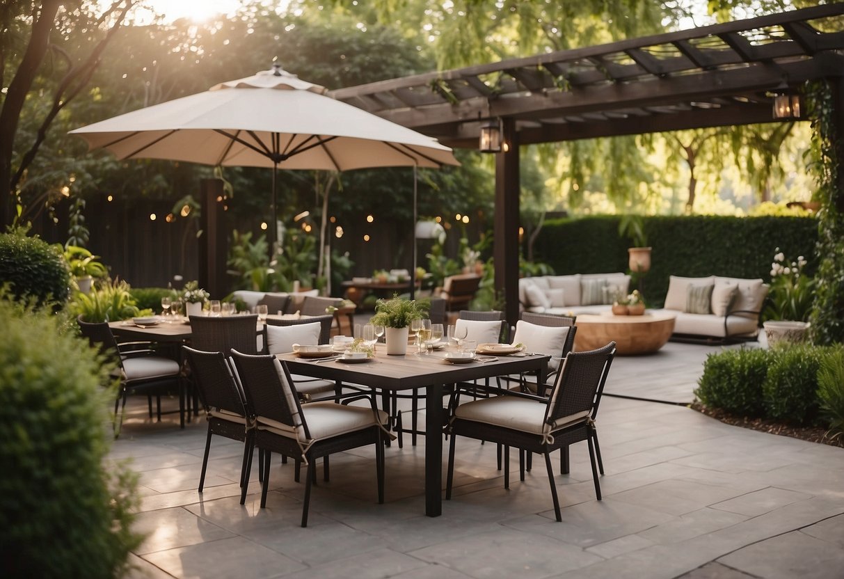 A large garden with multiple outdoor seating areas, including a cozy fire pit, a shaded pergola, and a spacious dining set surrounded by lush greenery