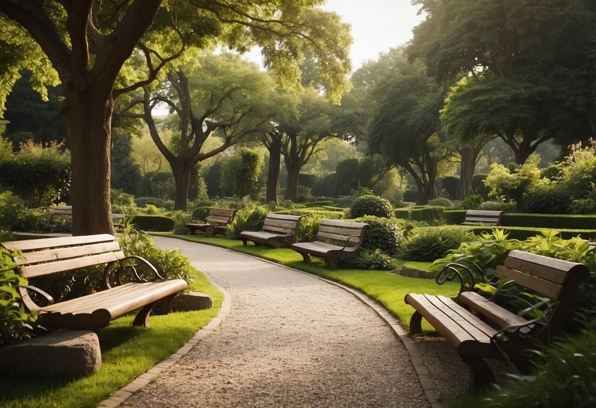 Lush garden with towering, sculptural trees and winding paths. Open space, manicured lawns, and carefully placed benches for relaxation