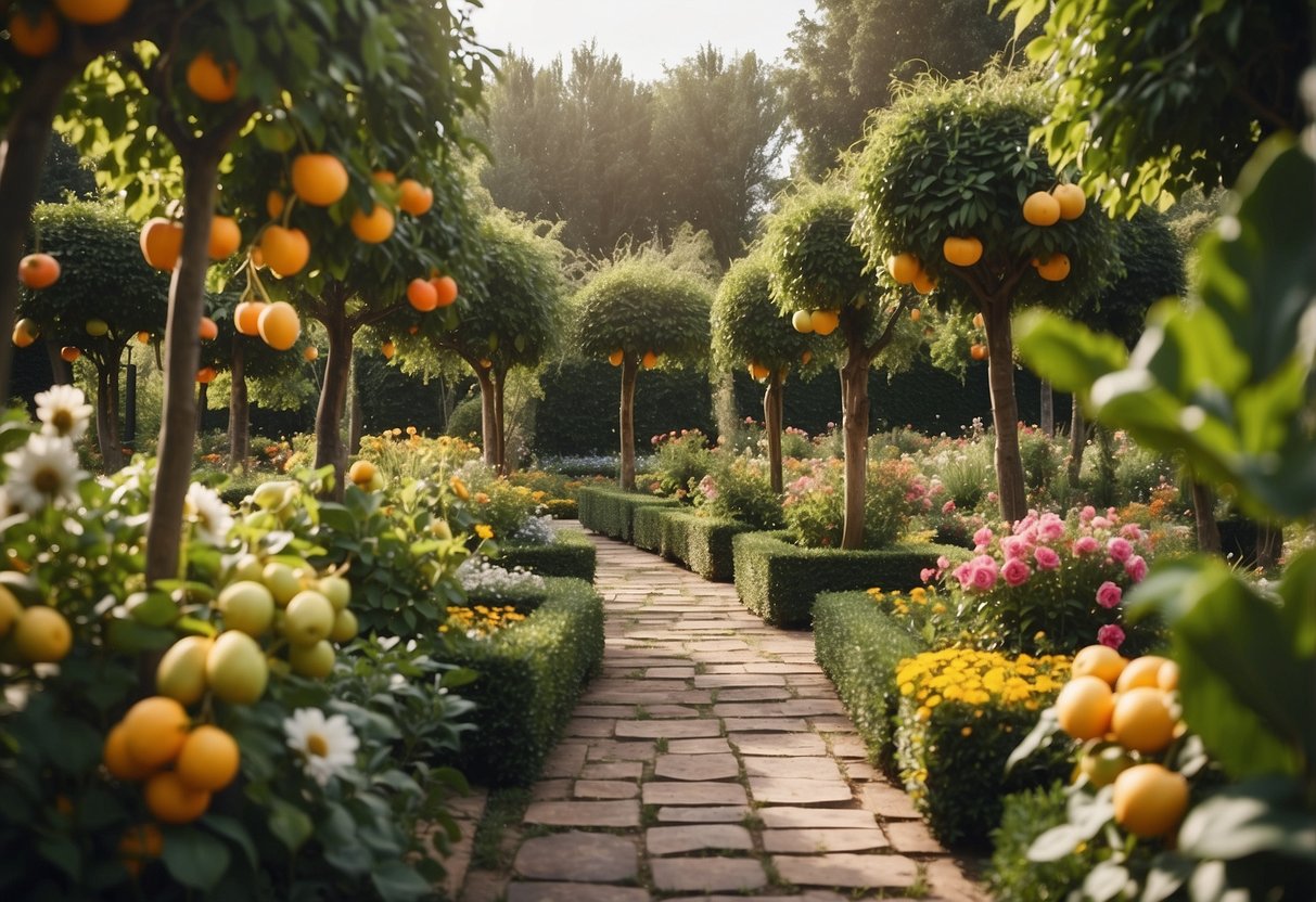 A lush garden with various fruit trees, neatly arranged in rows, surrounded by vibrant flowers and greenery. A peaceful and inviting space for a large garden