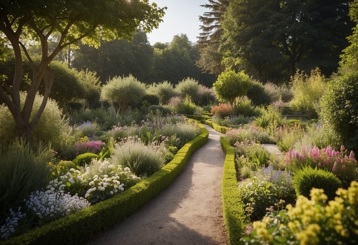 A sprawling garden with a variety of plants, trees, and flowers. Paths wind through the lush landscape, leading to secluded seating areas and open spaces for gatherings