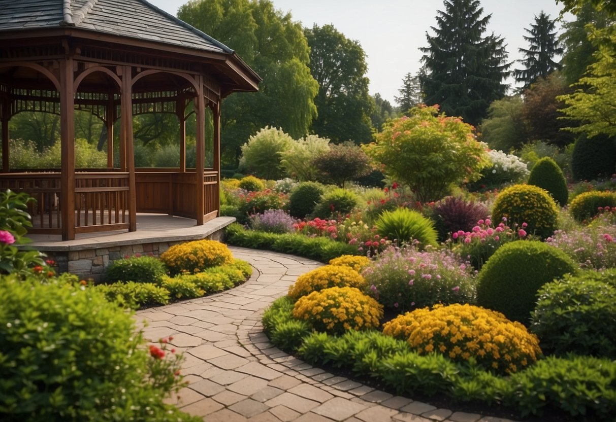 A sprawling garden with colorful flower beds, winding pathways, and a variety of trees and shrubs. A gazebo or seating area provides a focal point, surrounded by lush greenery