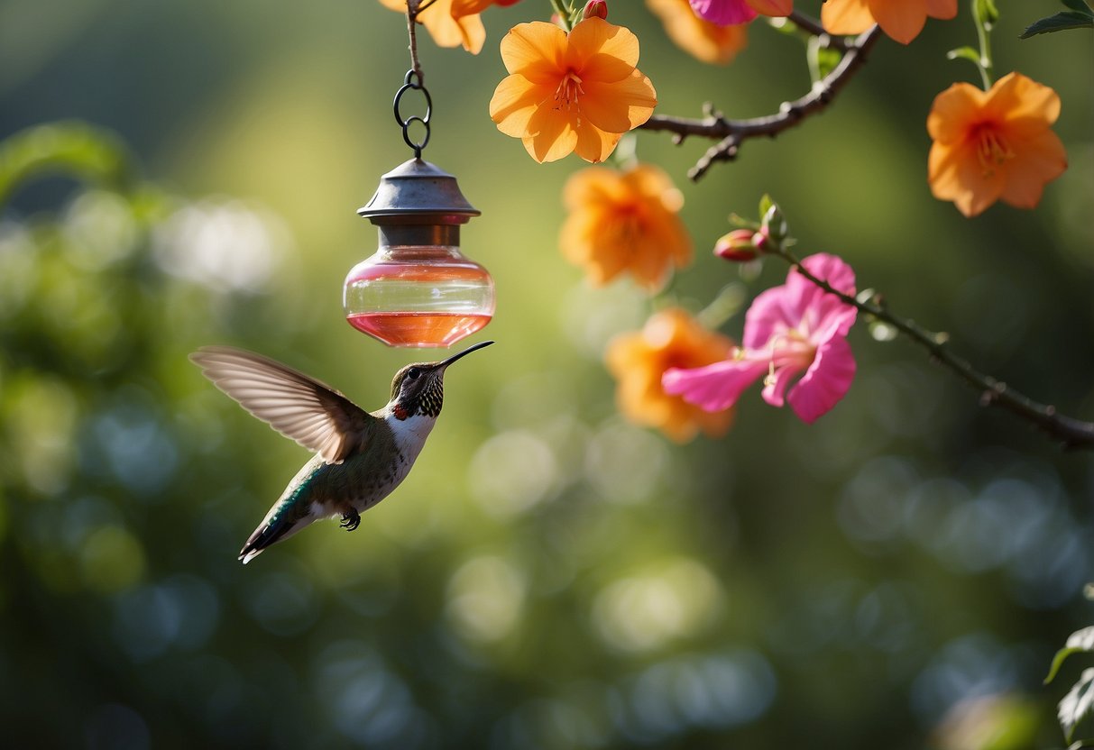 A lush garden with vibrant flowers and a delicate hummingbird feeder hanging from a tree branch, surrounded by fluttering hummingbirds