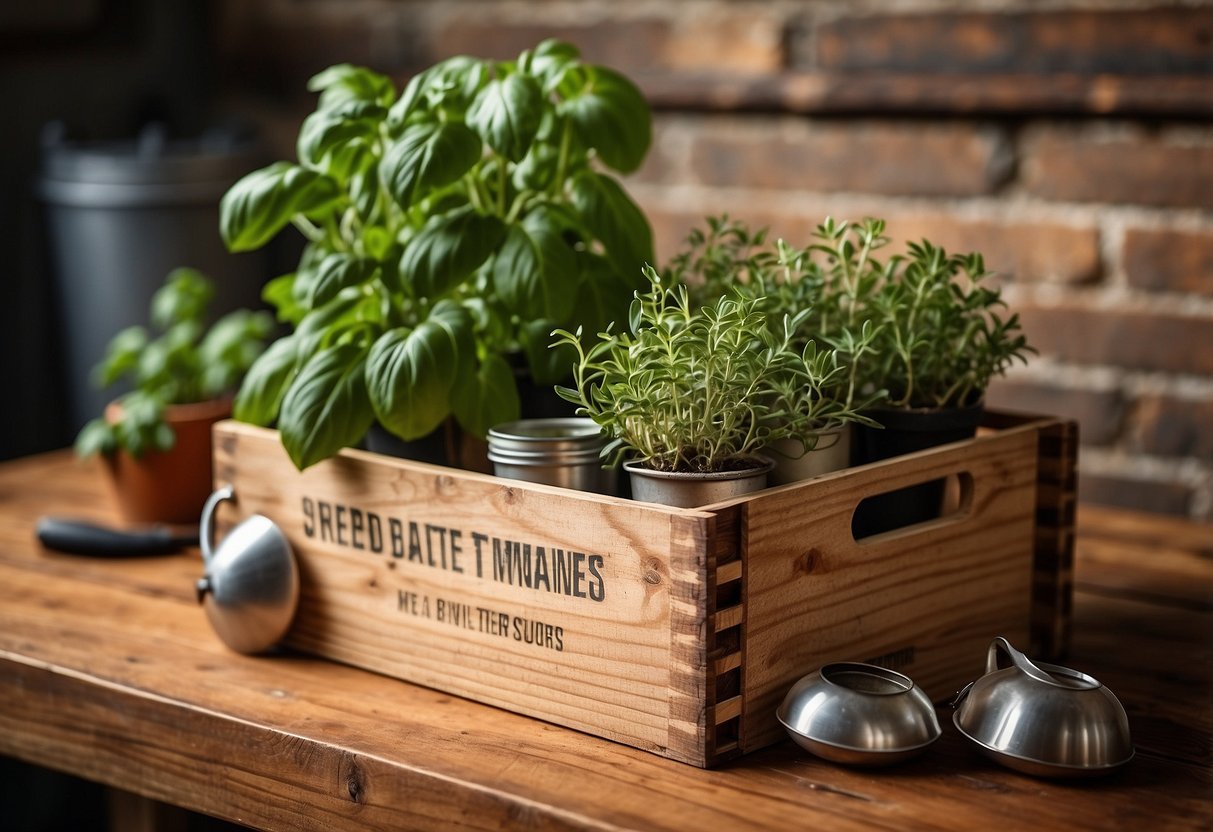 A wooden crate holds pots of basil, rosemary, and thyme. A small shovel and watering can sit nearby. The kit includes seed packets and instructions