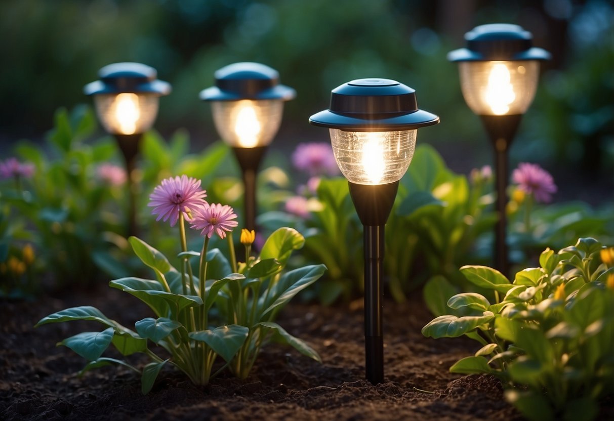 Solar-powered garden lights illuminate a lush garden, casting a warm glow on blooming flowers and verdant foliage