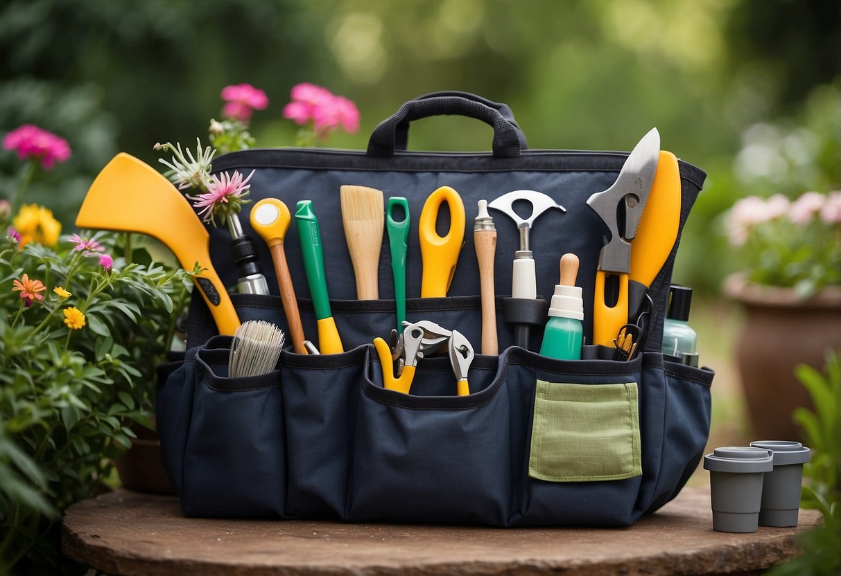 A colorful garden tool bag with personalized embroidery sits open, filled with various gardening tools and supplies. Surrounding it are blooming flowers and lush greenery, creating a peaceful and inviting scene