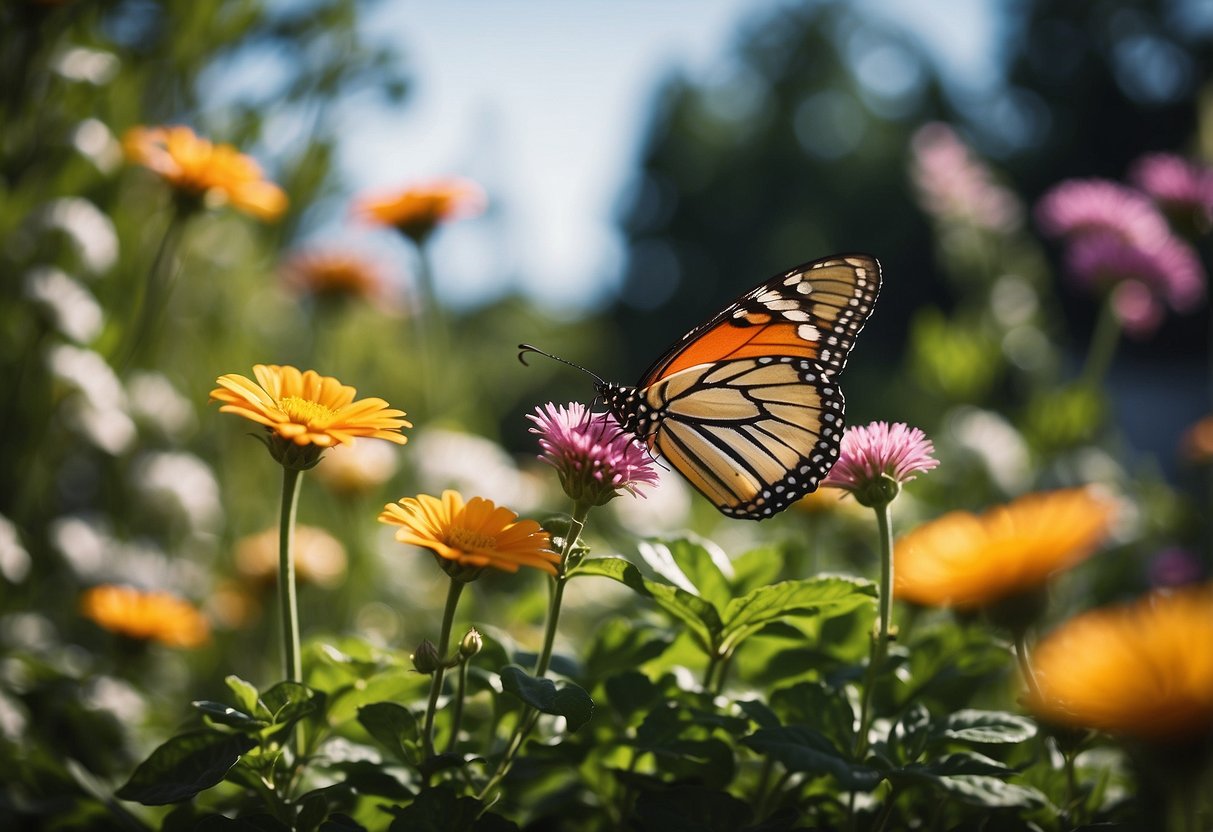 A colorful butterfly flutters above a garden filled with blooming flowers and lush greenery. Nearby, a table displays various gift ideas for her, including potted plants, gardening tools, and decorative ornaments