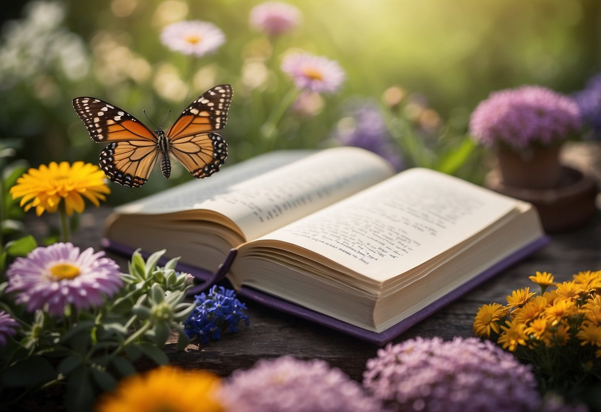 A colorful garden journal surrounded by blooming flowers and fluttering butterflies, with a variety of gardening tools and accessories scattered around it