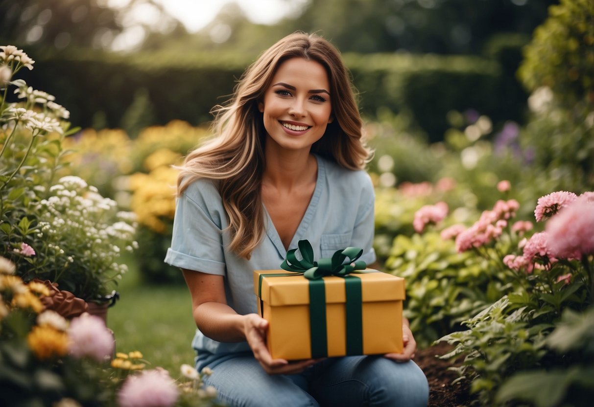 A woman sits in a lush garden, surrounded by blooming flowers and greenery. She smiles as she opens a beautifully wrapped gift box, filled with gardening tools and accessories