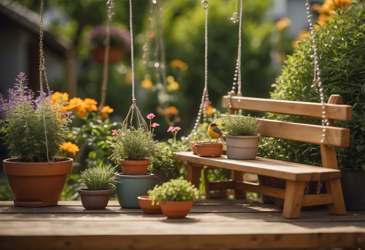 A lush garden with blooming flowers, potted herbs, and decorative garden tools displayed on a wooden bench. Bird feeders and colorful wind chimes hang from the trees, creating a peaceful and inviting atmosphere