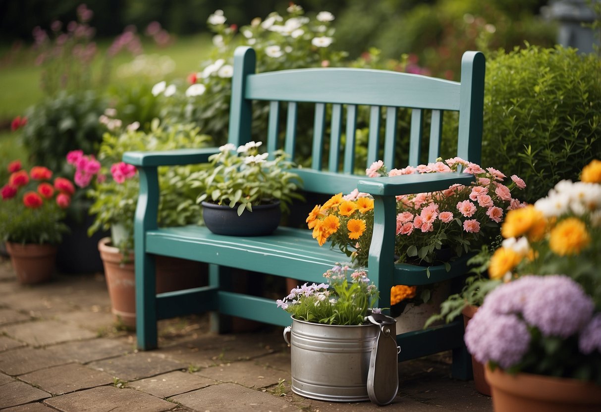 A garden kneeler and seat surrounded by blooming flowers and lush greenery. A watering can and gardening tools are nearby