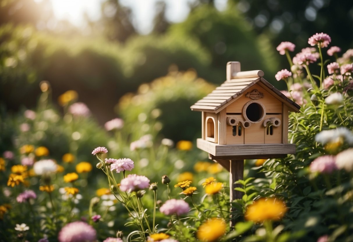 A lush garden with a charming bee house hotel nestled among blooming flowers, a perfect Mother's Day gift idea