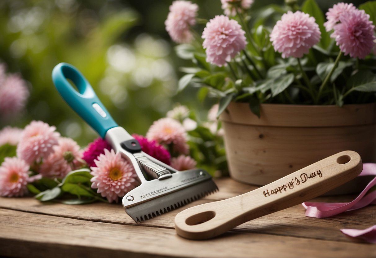 A garden tool set with personalized engraving sits on a wooden table, surrounded by blooming flowers and lush greenery. A ribbon with a "Happy Mother's Day" tag is tied around the set